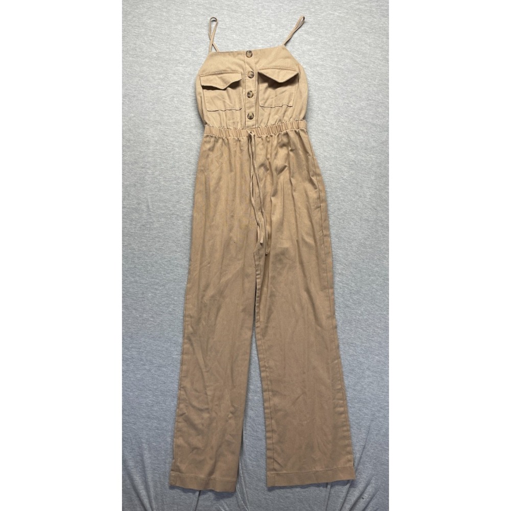 IRIS Safari Jumpsuit Womens Medium Beige Stretch Spaghetti Strap Cinched Waist